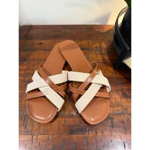 J.Crew Womens Strappy Slide Sandals Tan Cream Canvas Crisscross Flats Size 10